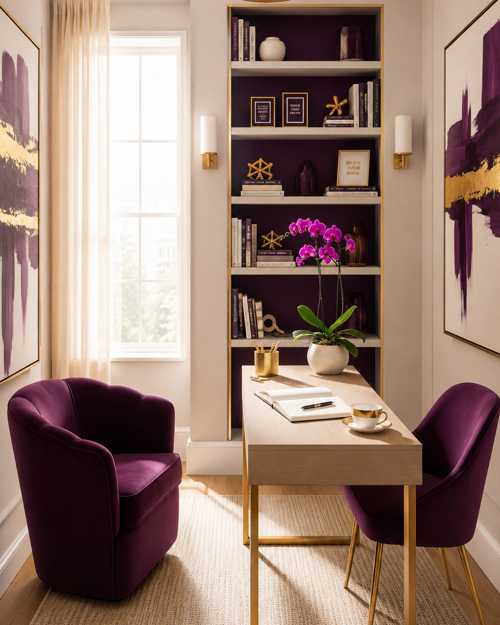 A quiet, light-filled room with two velvet chairs facing each other across a desk