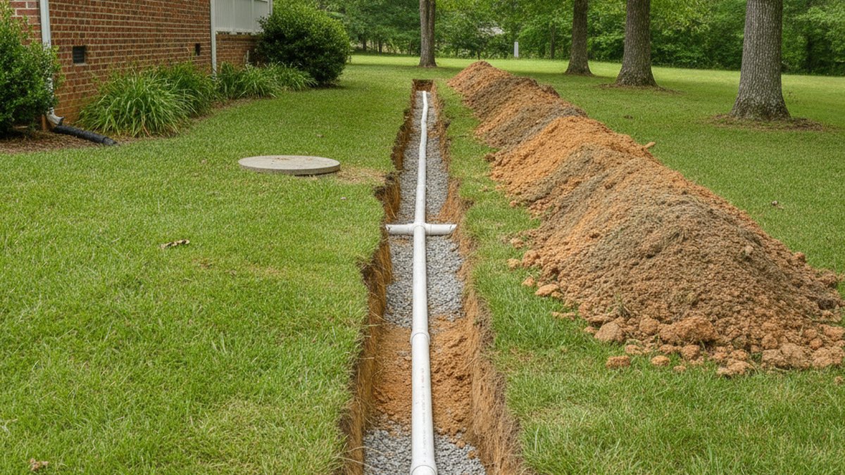 Open trench with new PVC sewer pipe running from a home foundation toward a septic tank in Mooresville NC