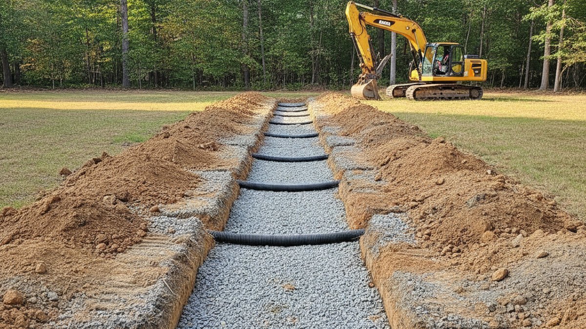 Gravel drain field trenches with distribution pipe during a septic drain field replacement in Iredell County NC