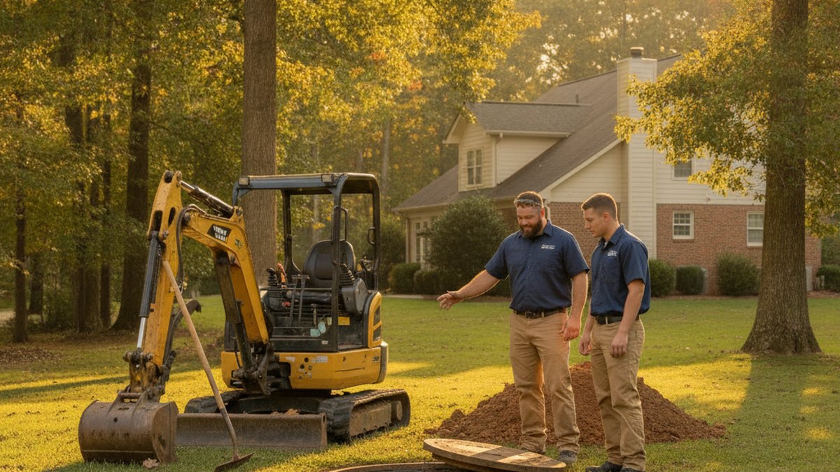 Gearity Plumbing technicians assessing a septic system beside an excavator in a Mooresville NC backyard
