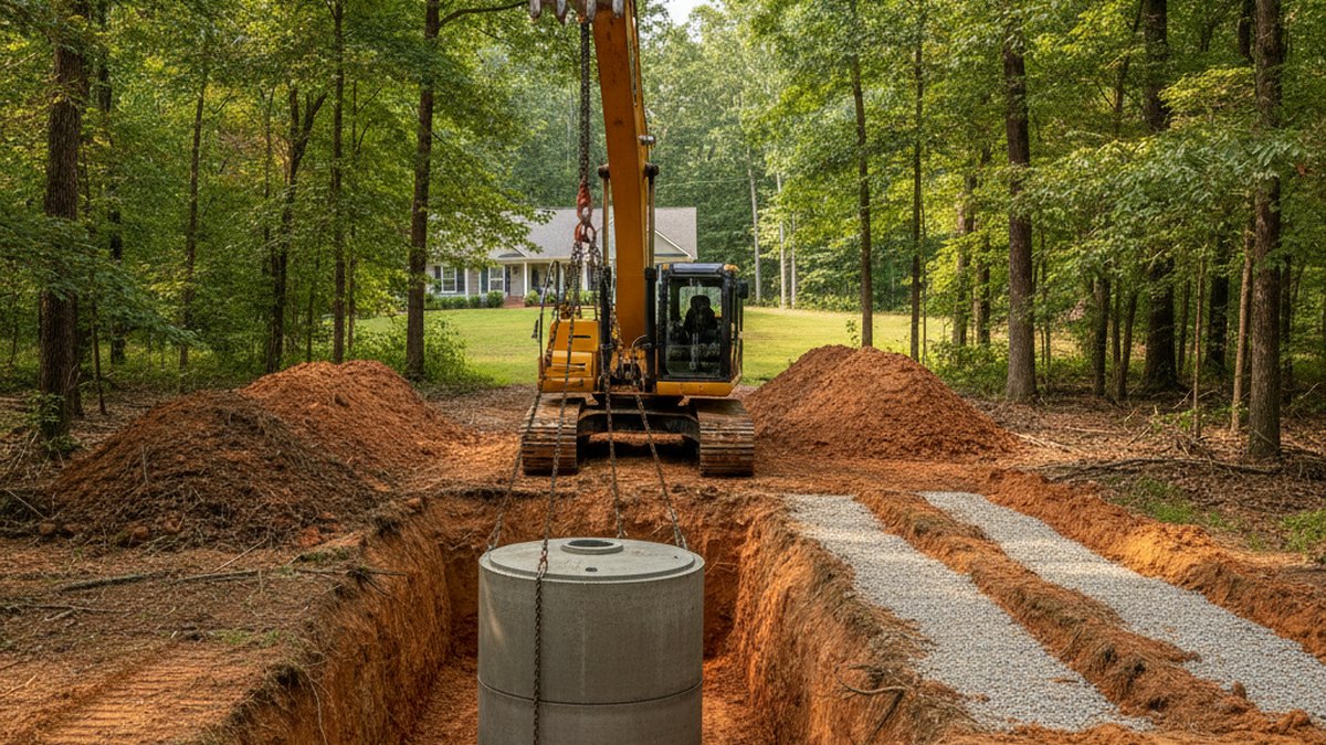 New precast septic tank and gravel drain field trenches during a septic system installation near Mooresville NC