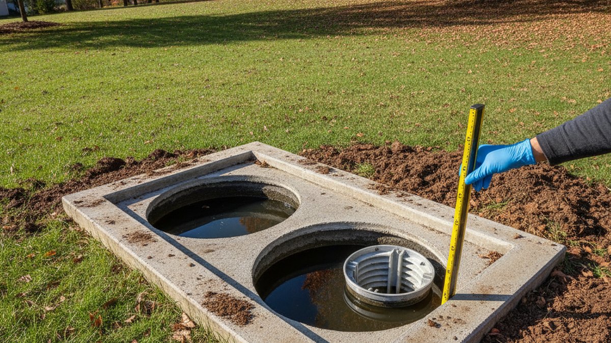 Certified septic inspector measuring sludge levels in an open septic tank during a real estate inspection in Mooresville NC