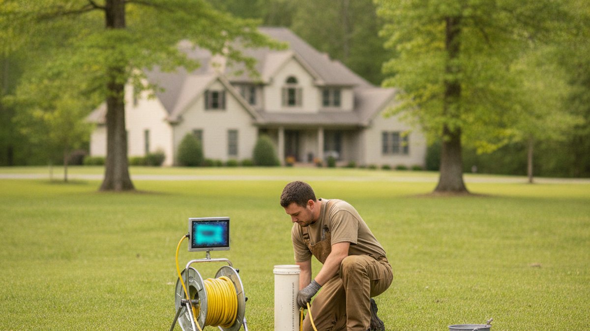 New septic tank riser and lid installed flush at grade in a residential lawn in Mooresville NC