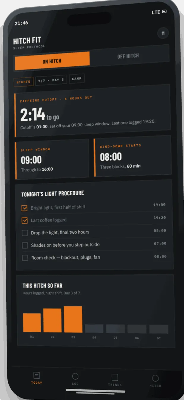 The Hitch Fit App on a phone — the ON HITCH and OFF HITCH toggle above tonight's light procedure