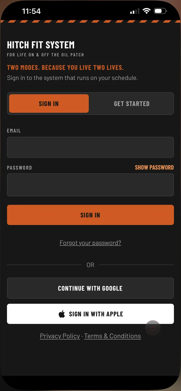 The Hitch Fit App sign-in screen — two modes, because you live two lives