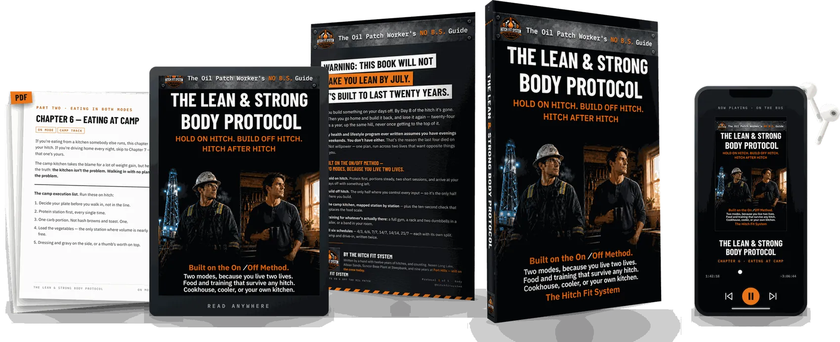 The Lean and Strong Body Protocol as delivered — printable pages, e-reader, the book, and the audiobook on a phone