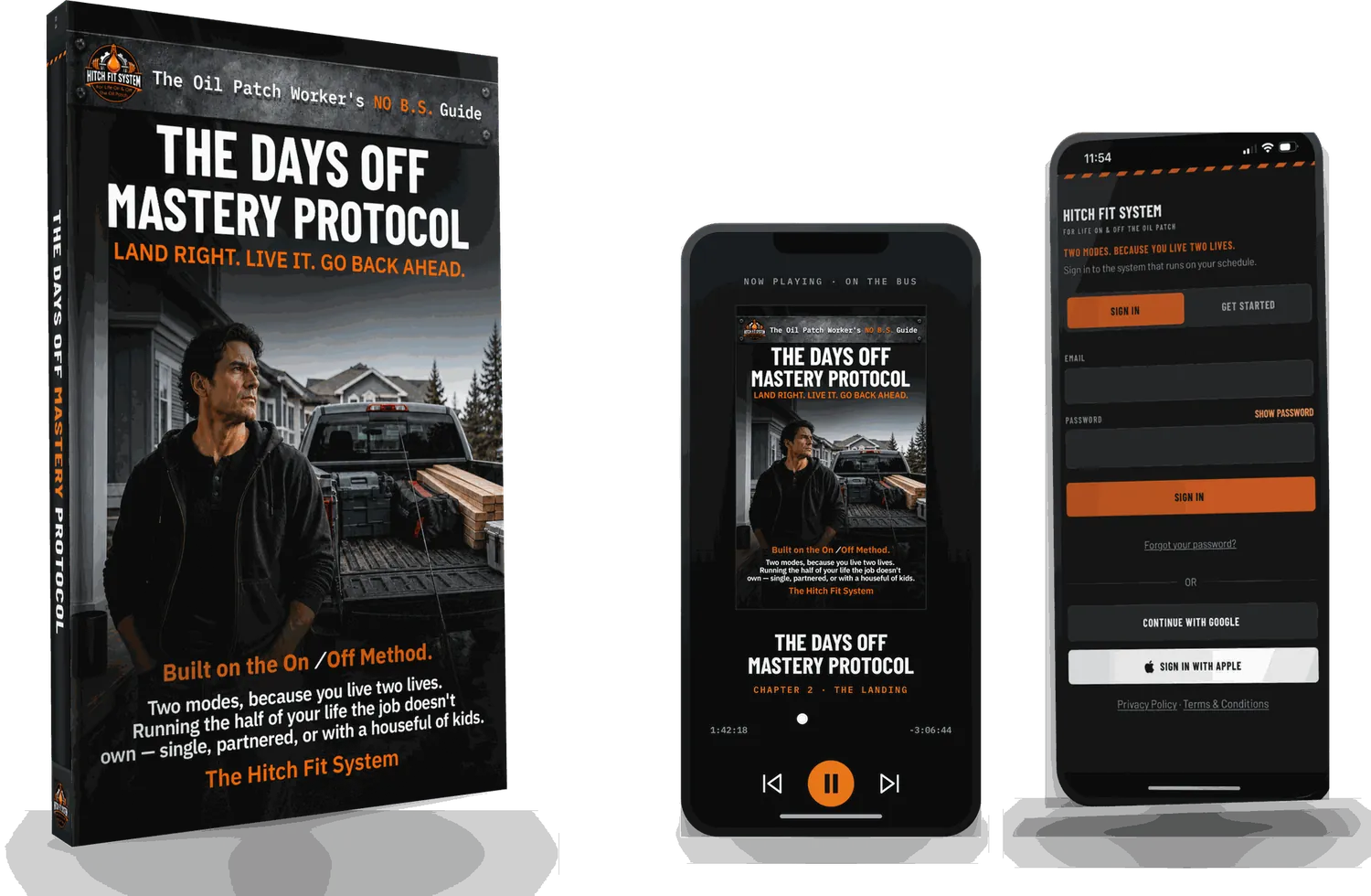 What every Protocol ships with — the book, the audiobook on a phone, and the Hitch Fit App