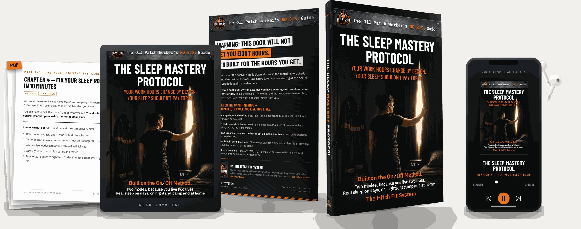 The book, e-reader, print pages and audiobook