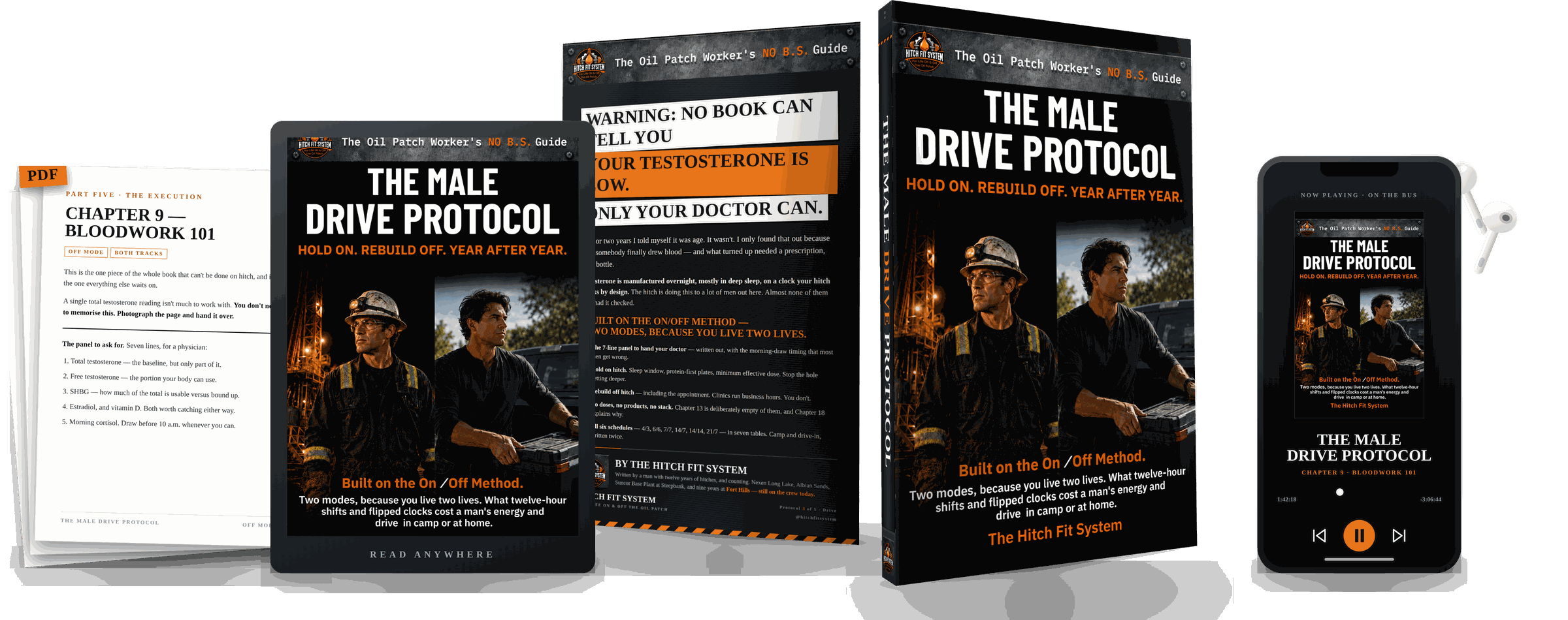 The Male Drive Protocol: printed pages, e-reader, book, and the audiobook on a phone