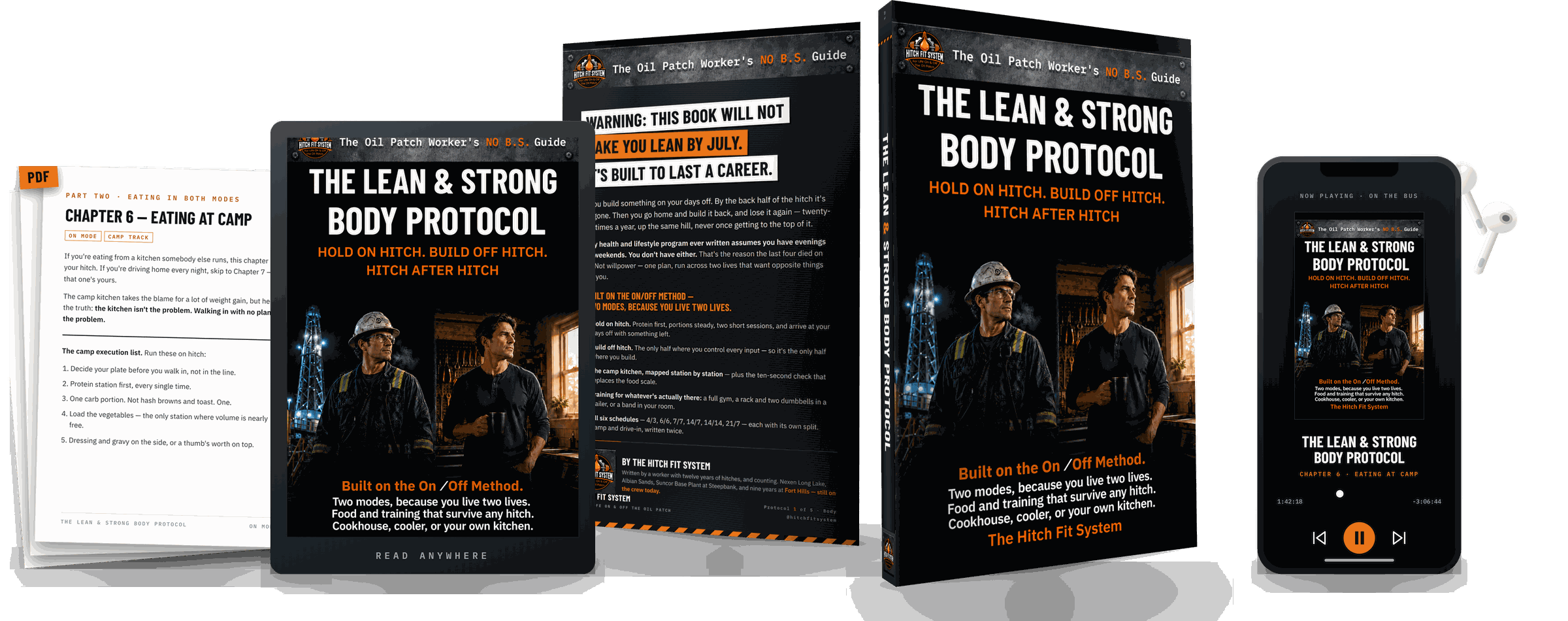 The Lean & Strong Body Protocol: printable pages, e-reader, book, and the audiobook on a phone