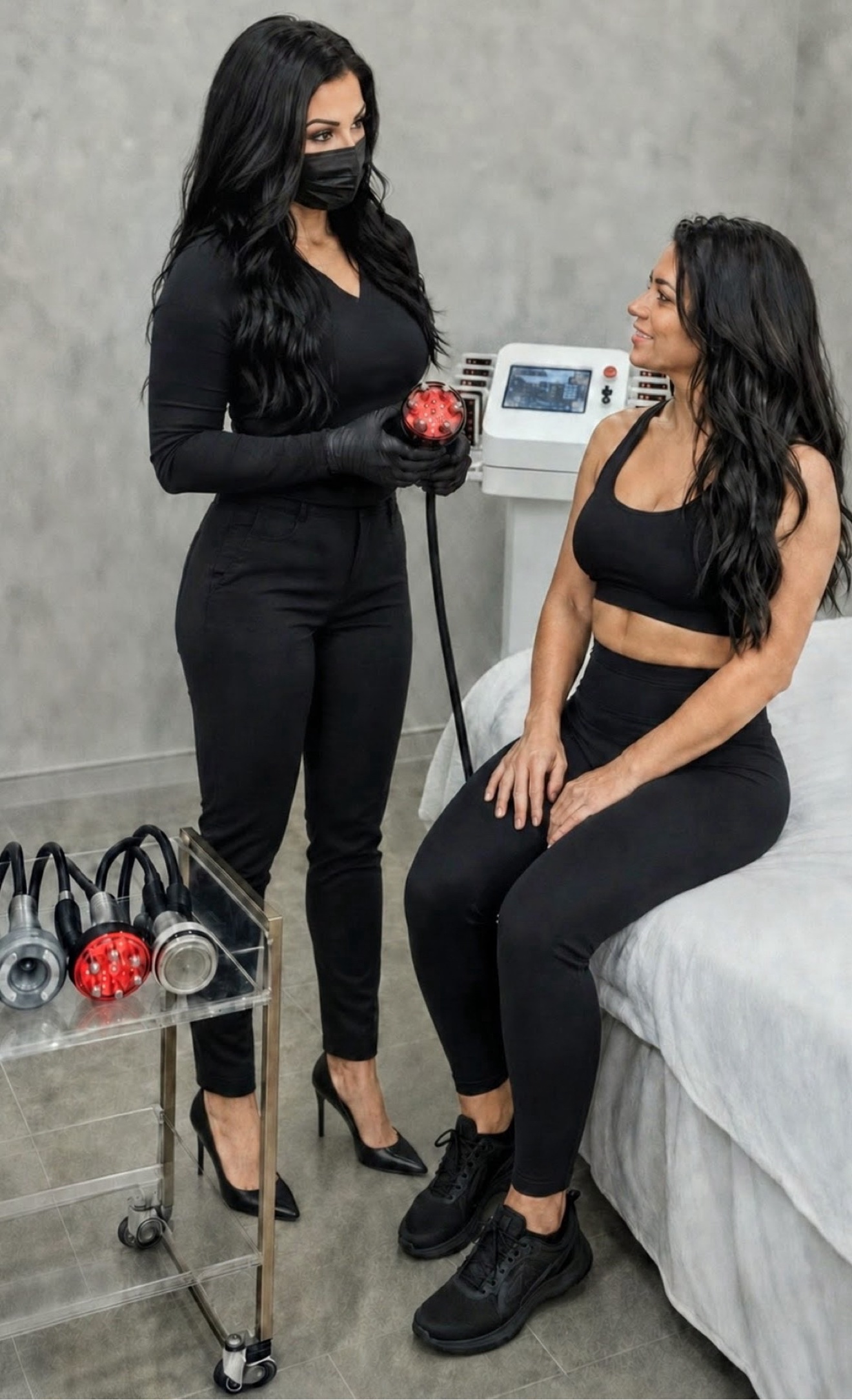 Tara with a client and her body sculpting equipment