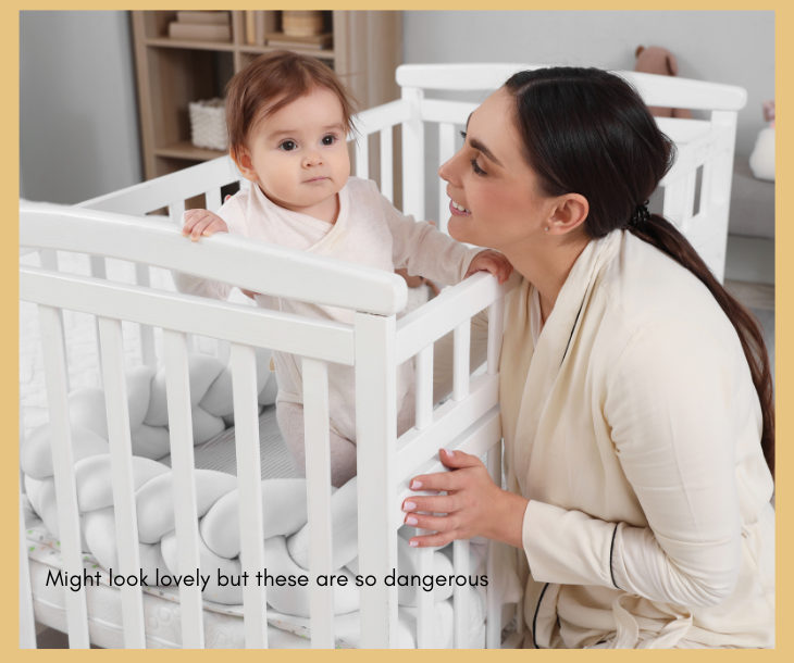 A baby in a cot with their Mum with them but the cot isn't safe as there is a cot bumper around the inside which could be a risk to baby. A baby in a cot with their Mum with them but the cot isn't safe as there is a cot bumper around the inside which could be a risk to baby.