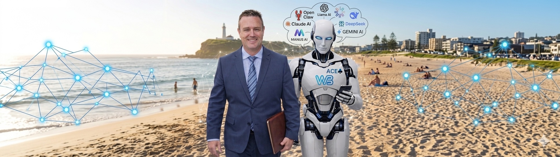 Workflow Bots — Steve Cornes and AI robot on Newcastle beach
