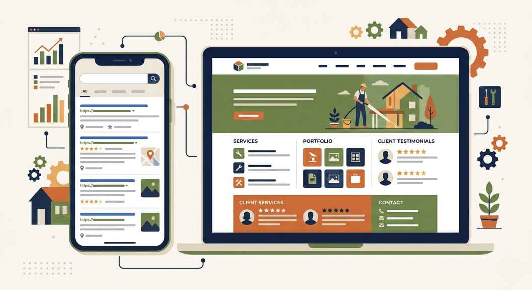 Flat-lay infographic style illustration of a smartphone and laptop side by side. The phone shows Google search results, the laptop shows a contractor website.
