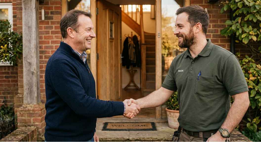 Close-up of a smiling homeowner shaking hands with a tradesman in a branded polo shirt, standing on a doorstep. Warm, natural daylight. Friendly and trustworthy