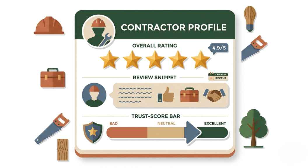Illustrated infographic showing a contractor profile card with 5 gold stars, a review snippet, and a simple trust-score bar. Earthy tones, clean white background, modern flat design with subtle shadows.