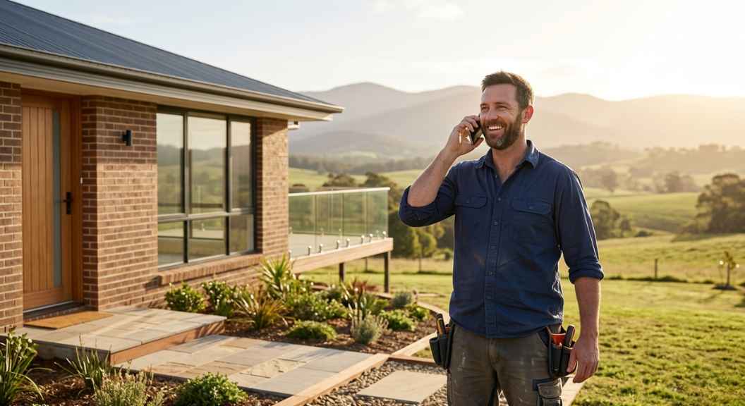 Wide landscape photo of a tradesman confidently answering his phone while standing in front of a completed home renovation project.