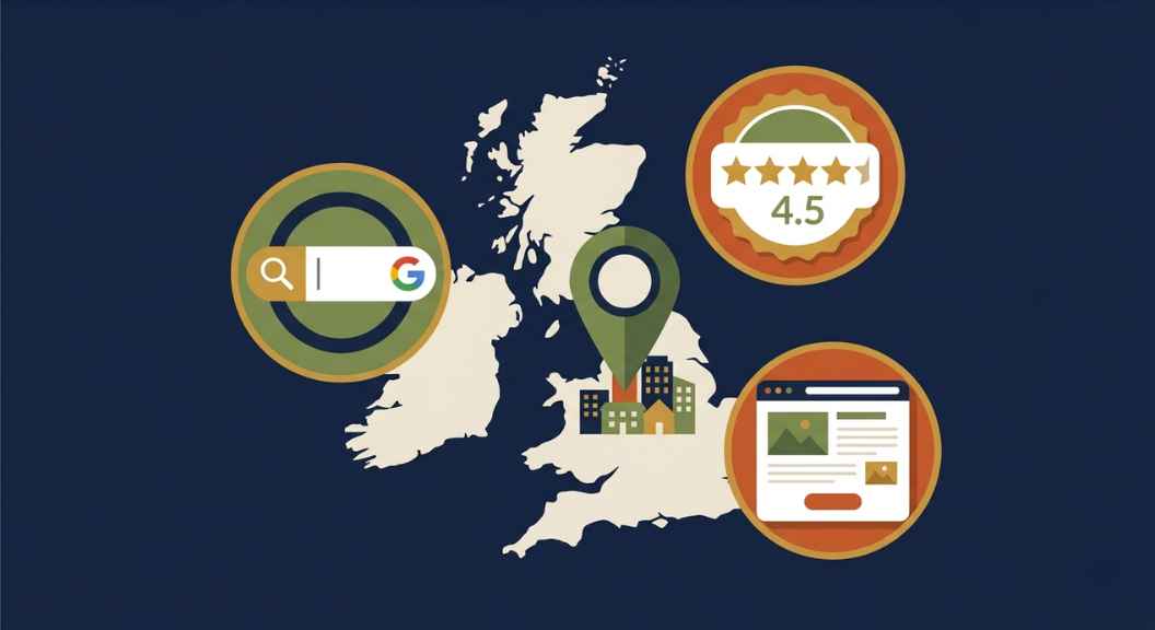 Clean flat-design infographic showing a map pin on a UK or US town, surrounded by three circular icons representing: a Google search bar, a star-rating badge, and a website page.