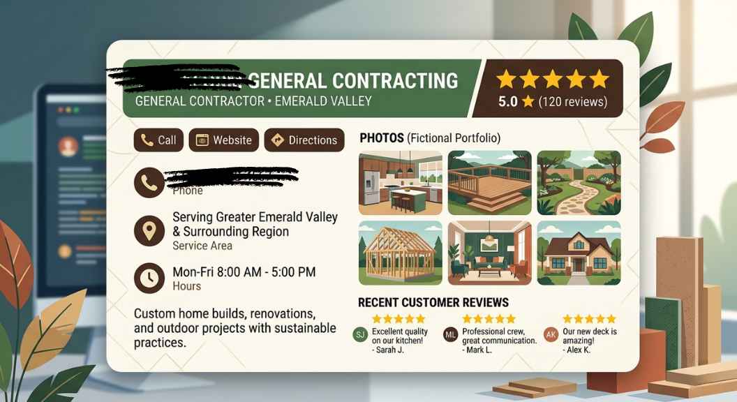 Illustrated mockup of a Google Business Profile card for a fictional contractor — showing 5 star reviews, a phone number, service area, and photos. Clean, modern flat design.