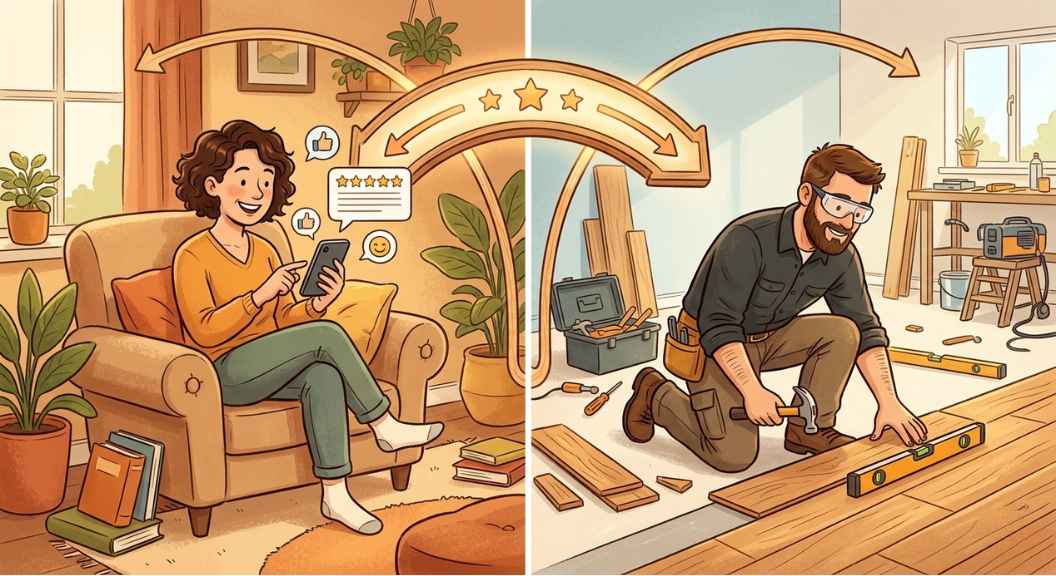 Split-scene illustration: left side shows a homeowner happily reading reviews on a phone; right side shows a tradesman completing a quality job. Connected by a visual bridge or arrow