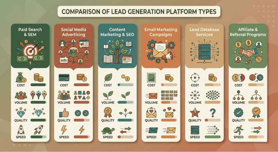 Flat infographic with 5 to 6 labelled tiles comparing lead generation platform types — with icons for cost, volume, quality, and speed. 