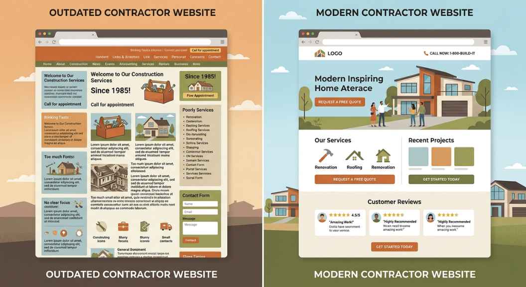 Side-by-side comparison of two contractor website homepages — one outdated and cluttered, one clean and modern with a visible phone number, reviews, and strong CTA button
