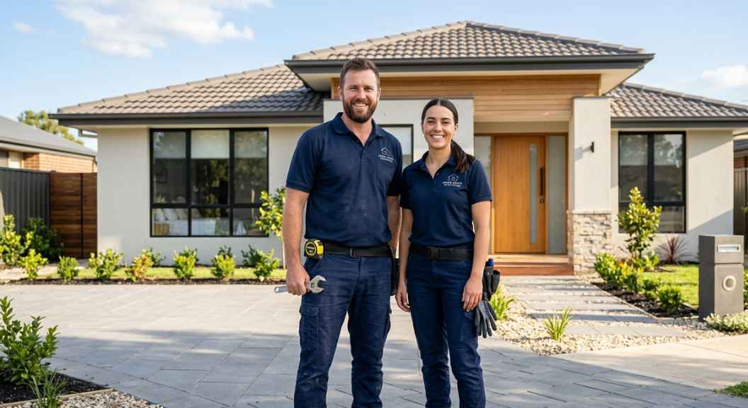 Confident male and female tradespeople standing in front of a completed home renovation, both smiling and looking at camera. Professional branded workwear. Bright natural daylight. Photorealistic. No text. Warm, optimistic tone.