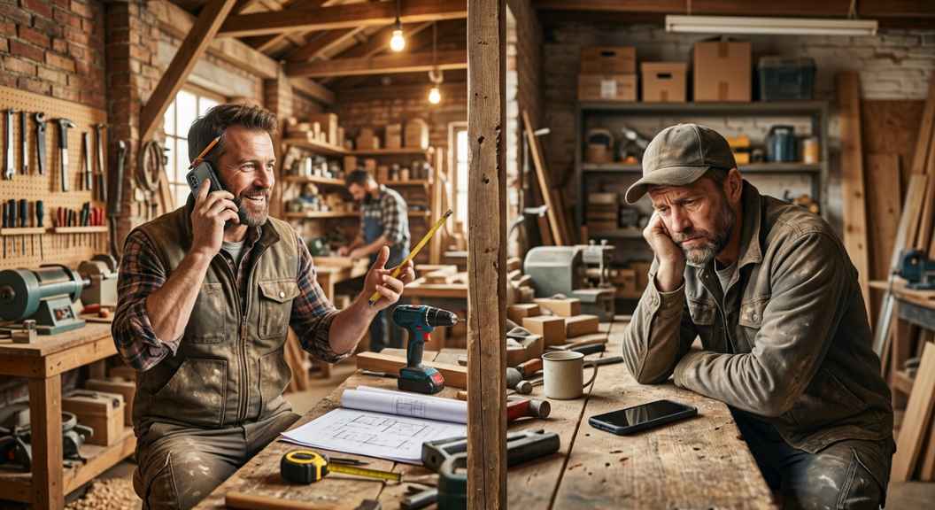 A side-by-side comparison style image showing a busy contractor taking a call versus another staring at an empty phone, warm earthy workshop tones, photorealistic, no text, no logo A side-by-side comparison style image showing a busy contractor taking a call versus another staring at an empty phone, warm earthy workshop tones, photorealistic, no text, no logo
