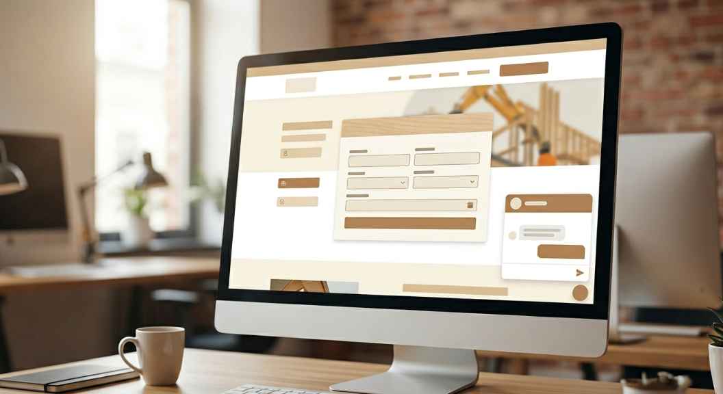 A clean professional contractor website displayed on a desktop monitor showing a quote form and chat widget, modern design, warm neutral colour palette, photorealistic, no text visible on screen A clean professional contractor website displayed on a desktop monitor showing a quote form and chat widget, modern design, warm neutral colour palette, photorealistic, no text visible on screen