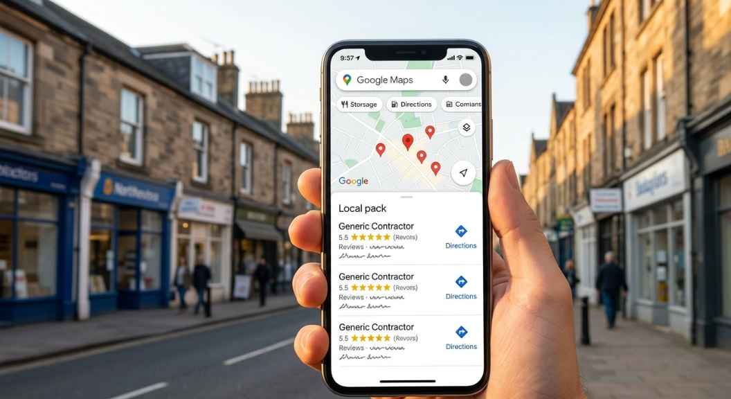 A smartphone screen showing a Google Maps local pack result with contractor listings and star ratings, warm daylight, photorealistic, no text visible, urban UK street in background A smartphone screen showing a Google Maps local pack result with contractor listings and star ratings, warm daylight, photorealistic, no text visible, urban UK street in background