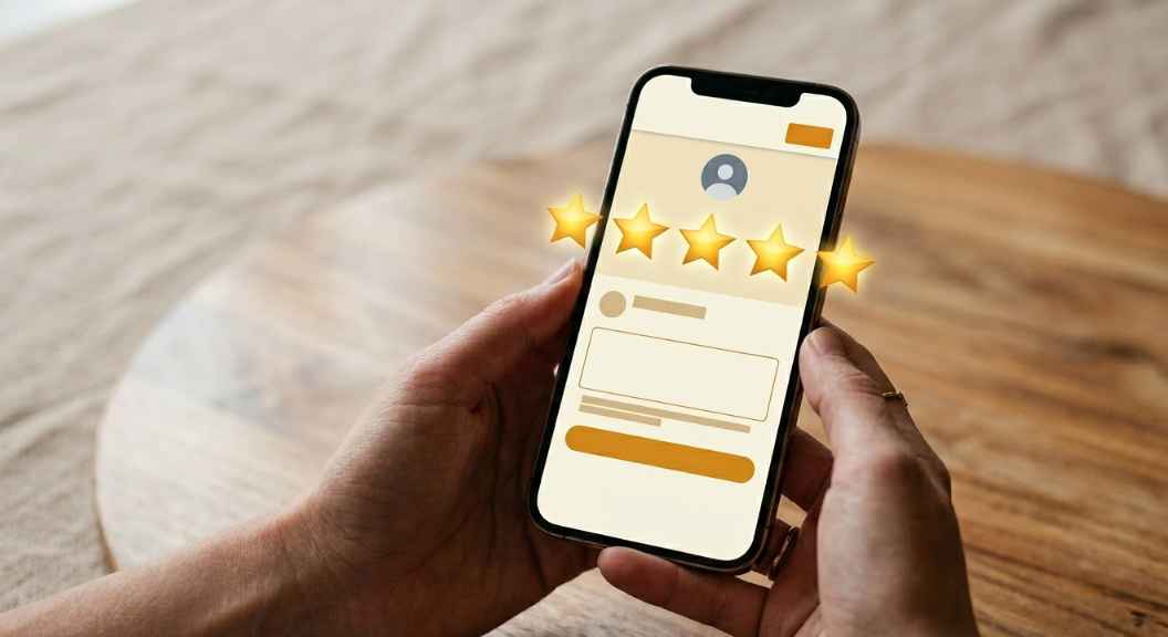 A close-up of a smartphone screen showing a 5-star Google review being submitted, warm earthy tones, photorealistic, no text visible other than star icons, clean background A close-up of a smartphone screen showing a 5-star Google review being submitted, warm earthy tones, photorealistic, no text visible other than star icons, clean background