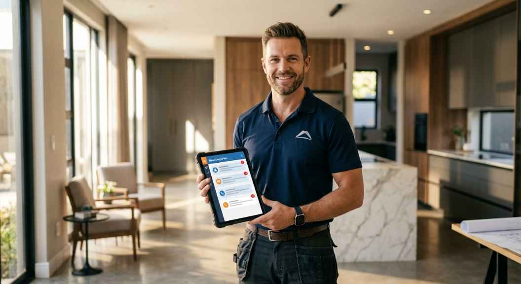 A confident male contractor holding a tablet showing enquiry notifications, professional appearance, warm natural light, photorealistic, no text, modern home setting in background A confident male contractor holding a tablet showing enquiry notifications, professional appearance, warm natural light, photorealistic, no text, modern home setting in background