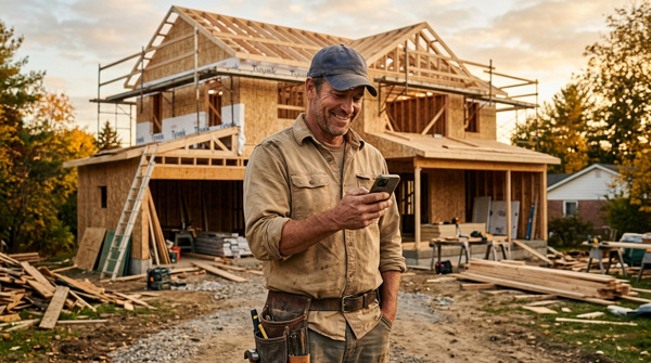 A general contractor in a worn baseball cap and work shirt standing in front of a half-finished home addition A general contractor in a worn baseball cap and work shirt standing in front of a half-finished home addition