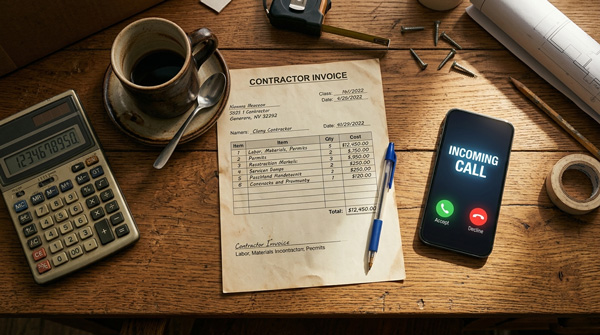 Overhead shot of a desk with a contractor's invoice, a calculator, a coffee mug, and a phone with "incoming call" lighting up, Overhead shot of a desk with a contractor's invoice, a calculator, a coffee mug, and a phone with "incoming call" lighting up,