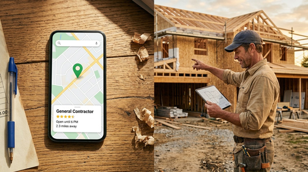 Split landscape composition: left side shows a phone displaying a clean local service result with a map pin, right side shows the same contractor on a job site holding a tablet Split landscape composition: left side shows a phone displaying a clean local service result with a map pin, right side shows the same contractor on a job site holding a tablet
