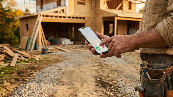 A close-up of a contractor's hand answering a phone notification while standing on a sunny job site A close-up of a contractor's hand answering a phone notification while standing on a sunny job site