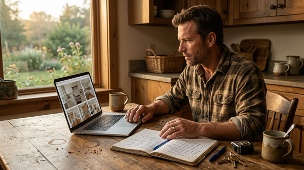 A contractor at a kitchen table with a laptop showing a project gallery, a notebook open with a written checklist A contractor at a kitchen table with a laptop showing a project gallery, a notebook open with a written checklist