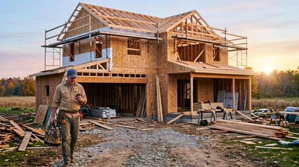 Wide landscape photo of a contractor walking onto a residential job site at sunrise, tool bag in one hand, phone in the other,