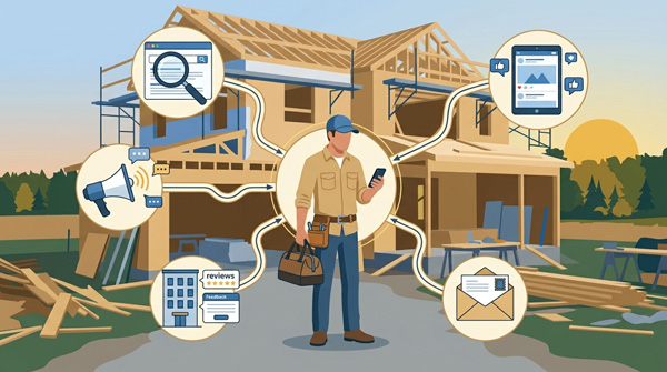 A construction-site infographic-style illustration showing five lead generation channels as connected nodes around a central contractor figure