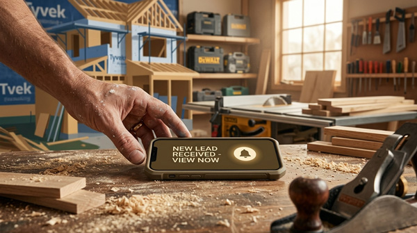 A contractor's smartphone on a workbench showing a "new lead" notification, hand reaching toward it