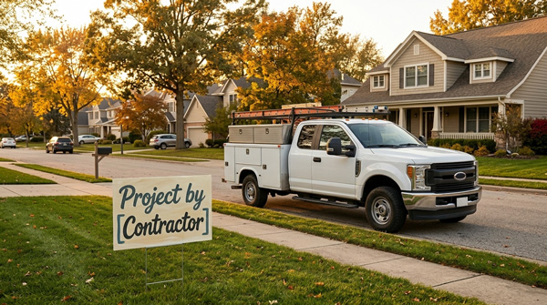 A neighborhood street view with a "Project by [Contractor]" yard sign in a front yard