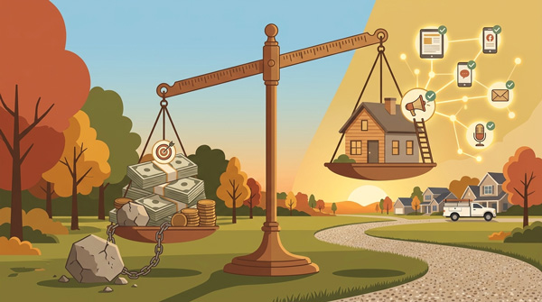 A balanced-scale illustration: one side weighed down by a stack of "lead bills," the other side rising up with a small house representing owned channels