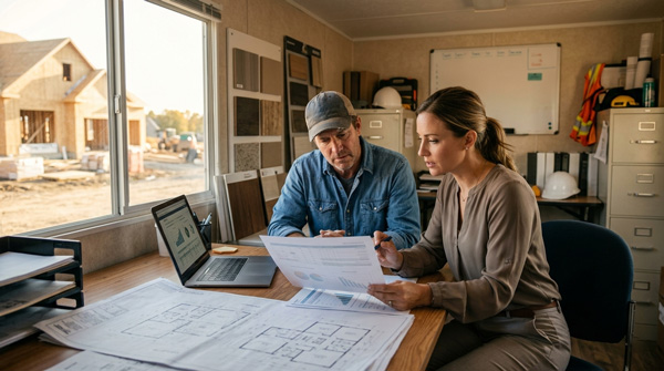 A contractor and a marketing consultant reviewing a printed audit at a job-site trailer, blueprints and a laptop open on the desk, warm afternoon light