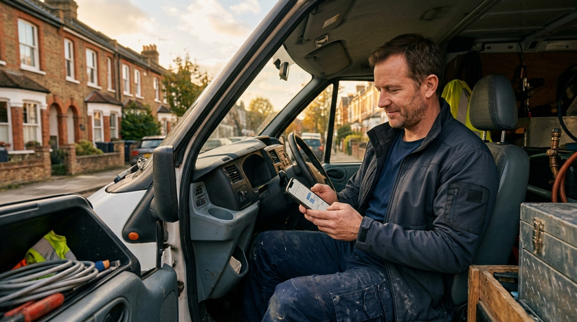 A London plumber in dark workwear sitting in his van scrolling through a job calendar on his phone A London plumber in dark workwear sitting in his van scrolling through a job calendar on his phone