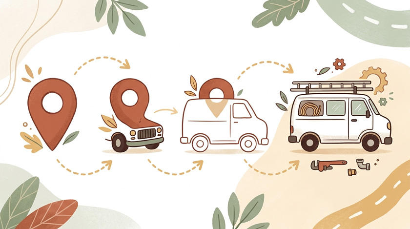 A clean illustrated concept of a Google Maps pin transforming into a plumber's van A clean illustrated concept of a Google Maps pin transforming into a plumber's van