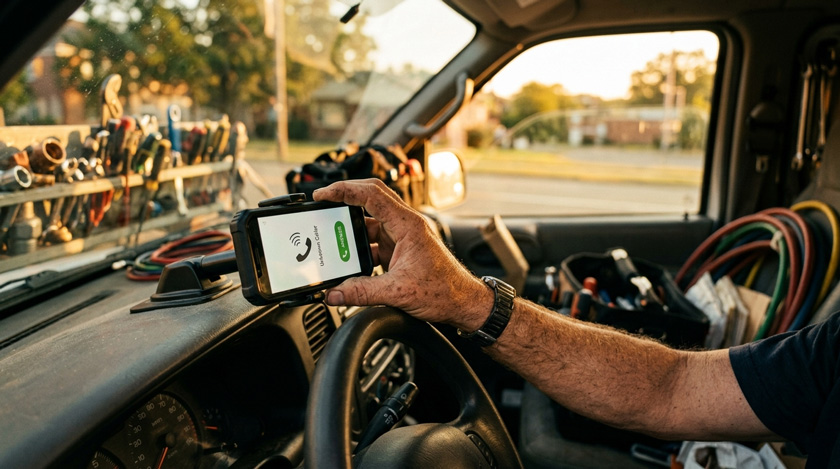 Close-up of a plumber's hand picking up a mobile phone within seconds of it ringing Close-up of a plumber's hand picking up a mobile phone within seconds of it ringing