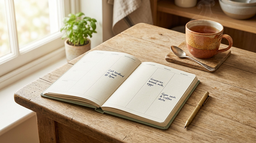 A clean weekly planner laid out on a kitchen table with three short handwritten notes A clean weekly planner laid out on a kitchen table with three short handwritten notes