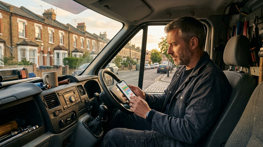 A London plumber in dark workwear sitting in his van scrolling through a job calendar on his phone