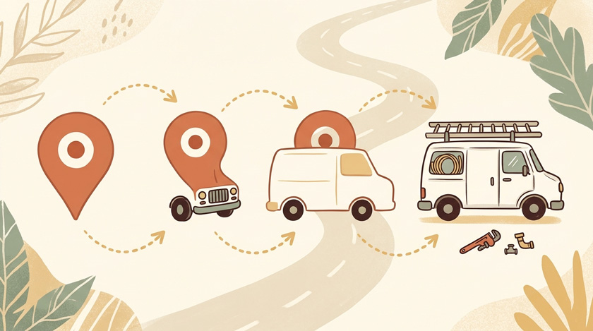 A clean illustrated concept of a Google Maps pin transforming into a plumber's van