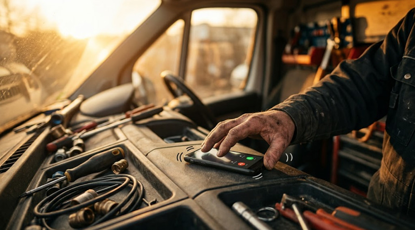 Close-up of a plumber's hand picking up a mobile phone within seconds of it ringing, blurred van interior in background